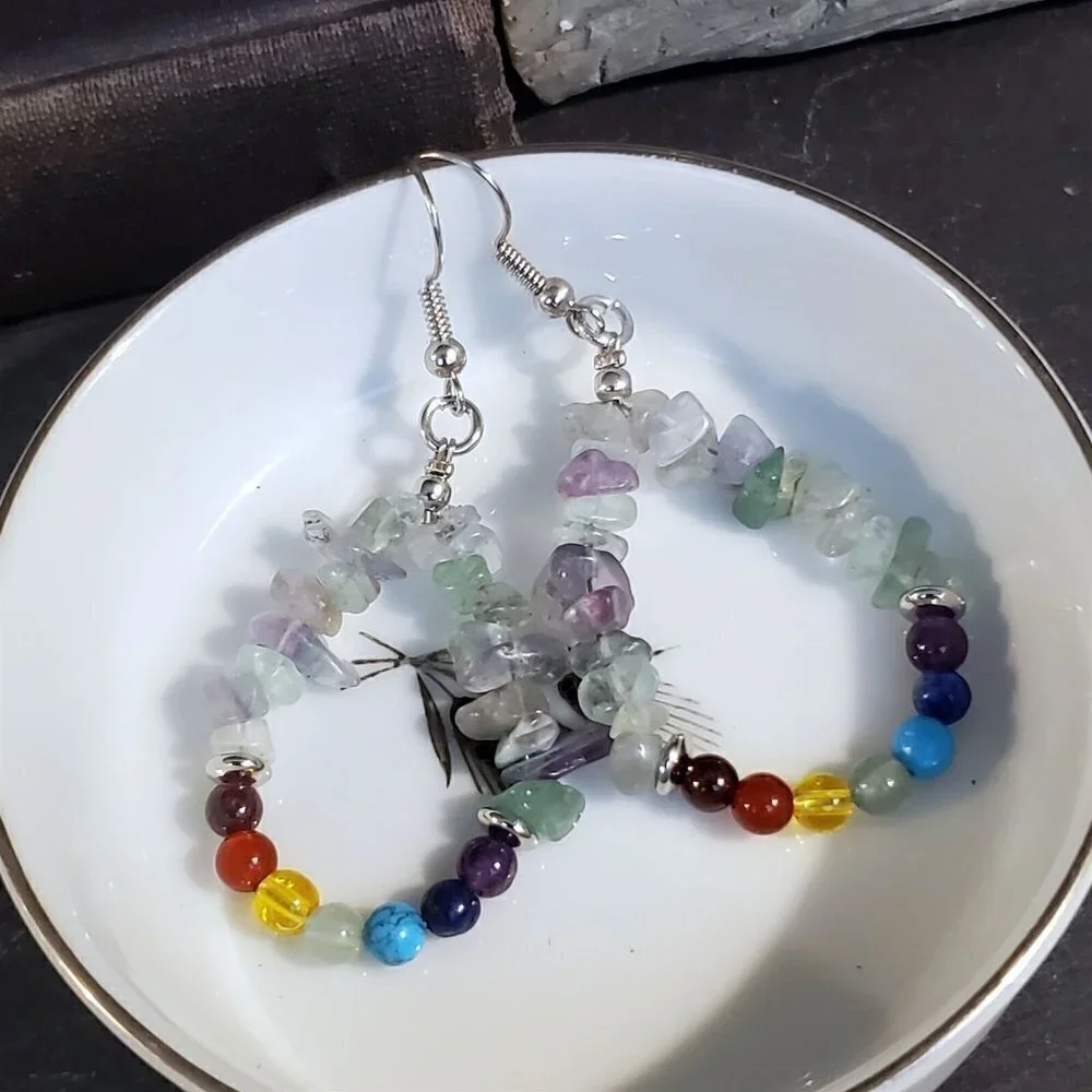 Artisan Rainbow Fluorite 7 Chakras Yoga Om Mindful Gemstone Teardrop Earrings